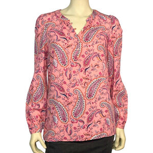 Talbots Sz S 1/2 Button Dressy Tunic Top Gathered Neckline Pink Paisley Rayon